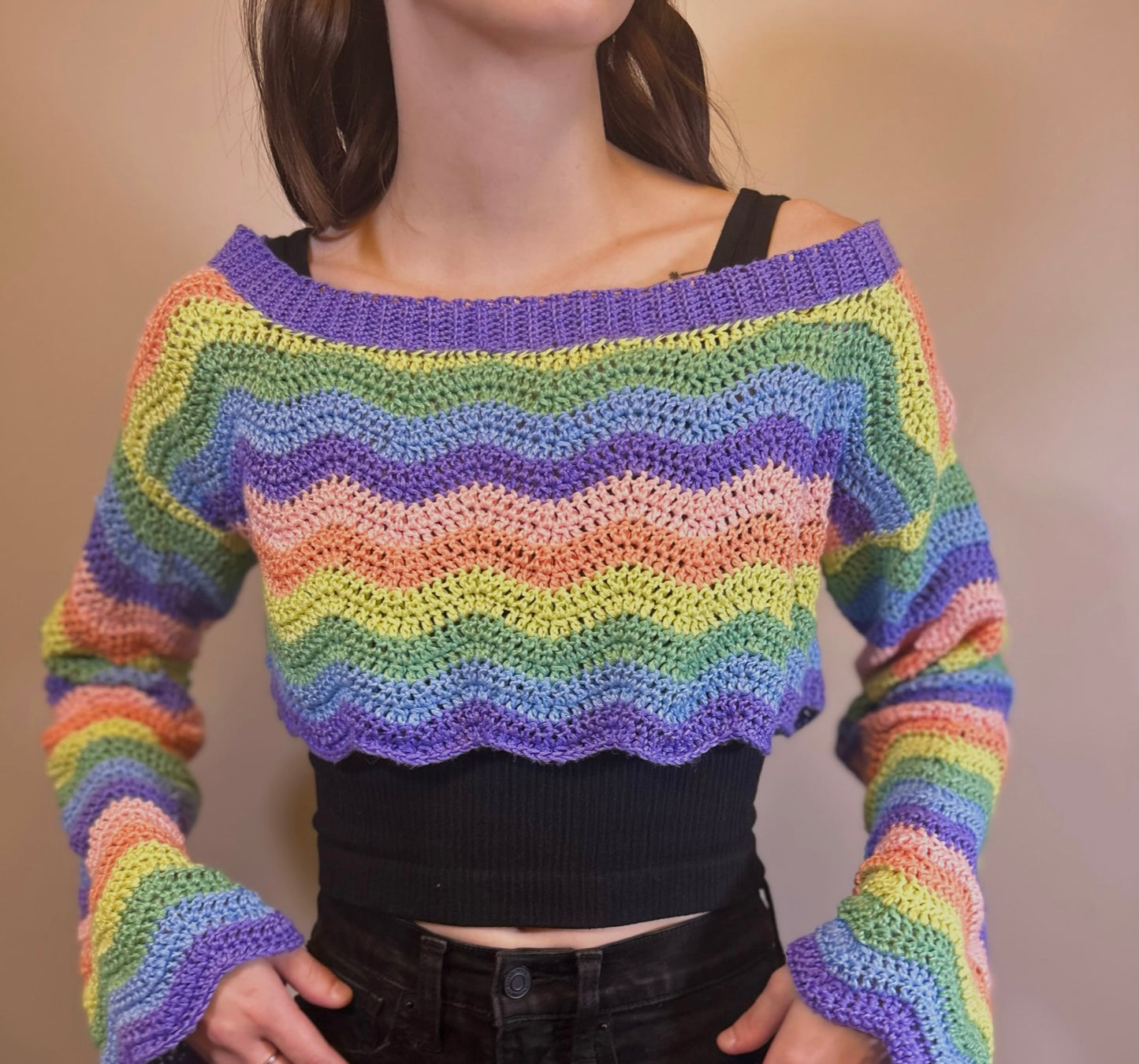 Rainbow crochet wavy super cropped long sleeve