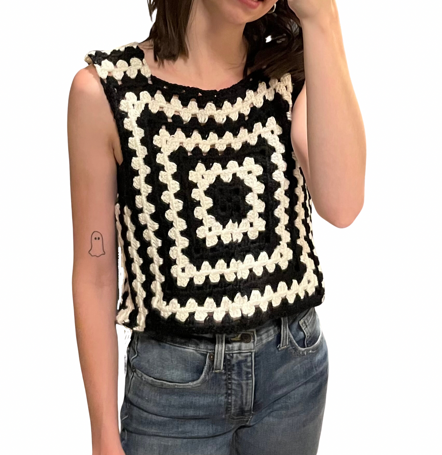 Black & white crochet granny square vest