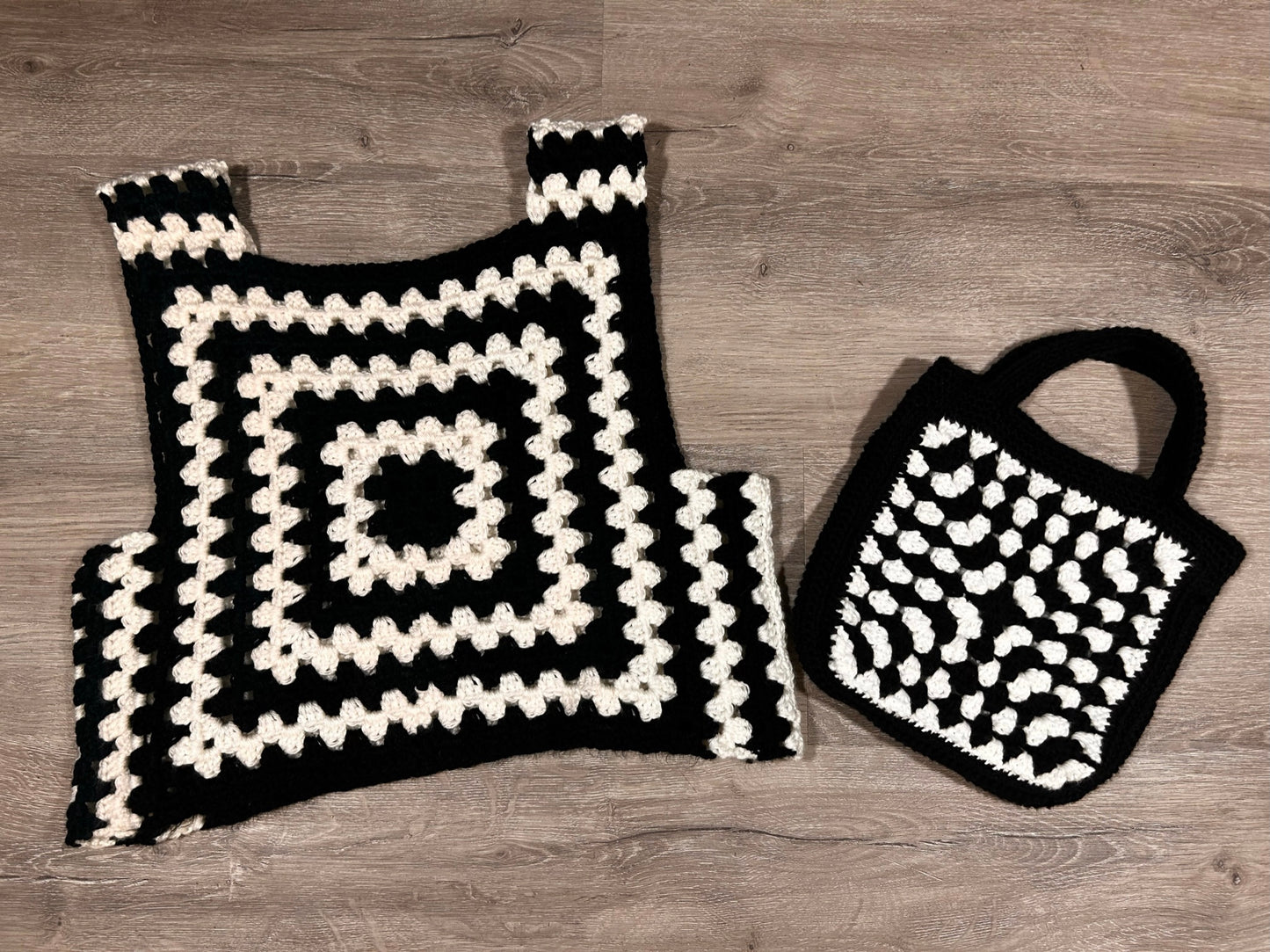 Black and white crochet granny square handbag